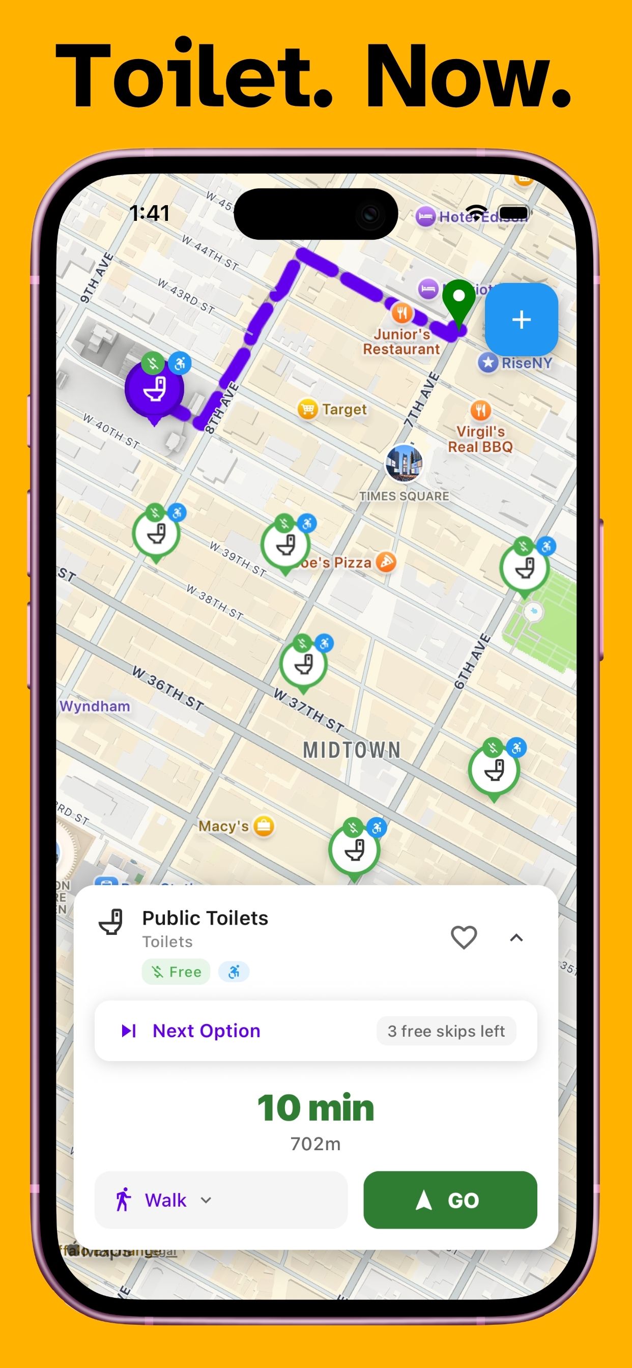 Map showing the nearest toilet with distance and walking time.