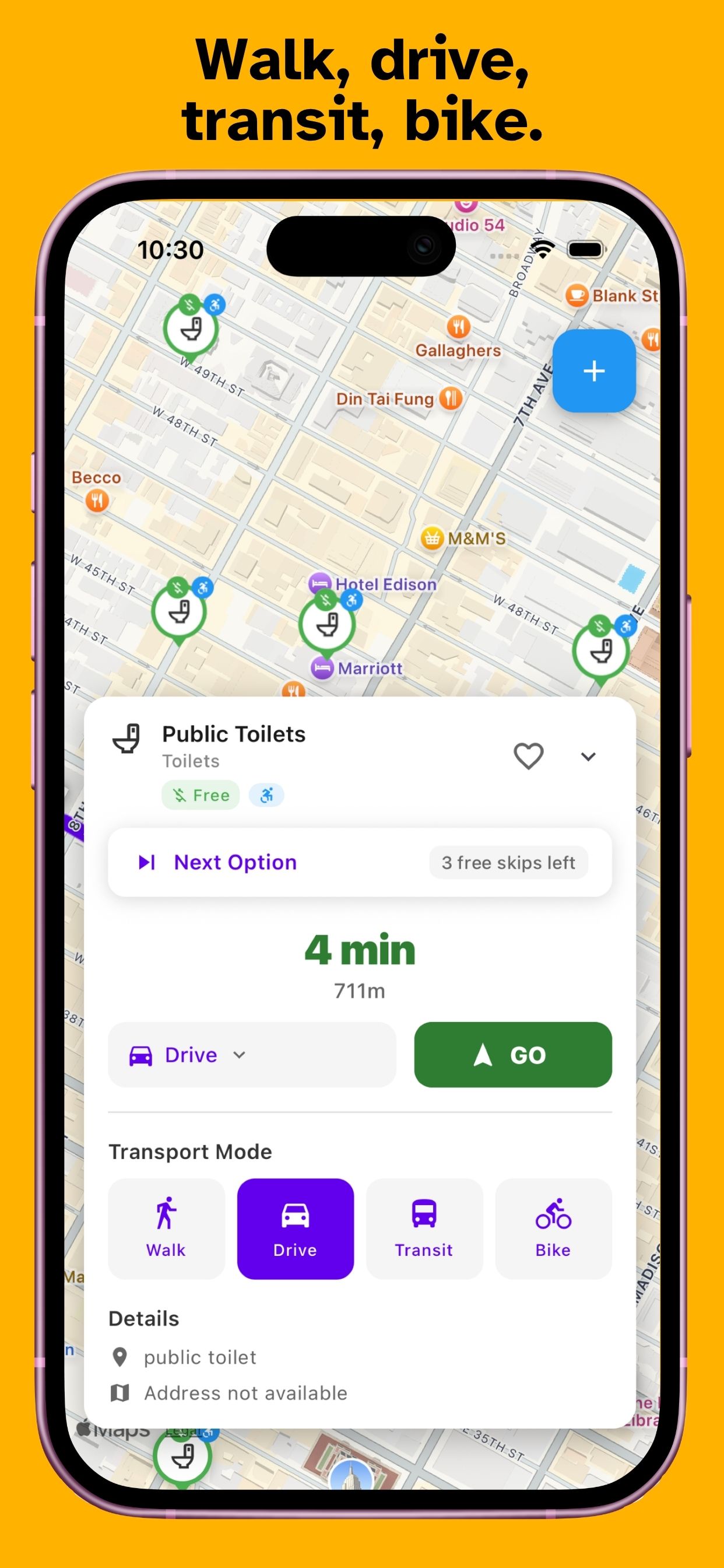 Expanded toilet card with transport mode options.