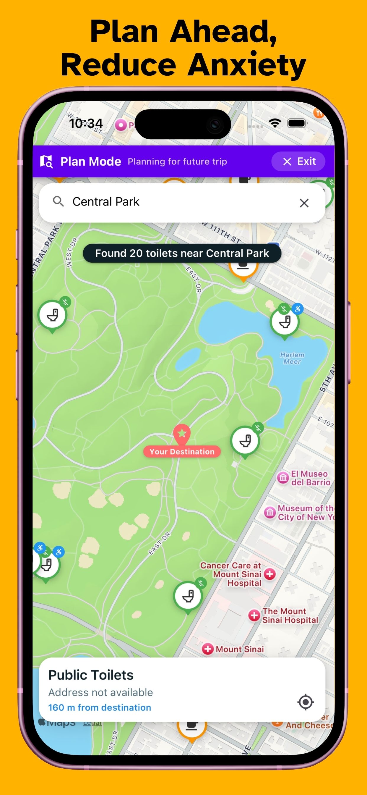 Plan Mode previewing toilets around a future destination.