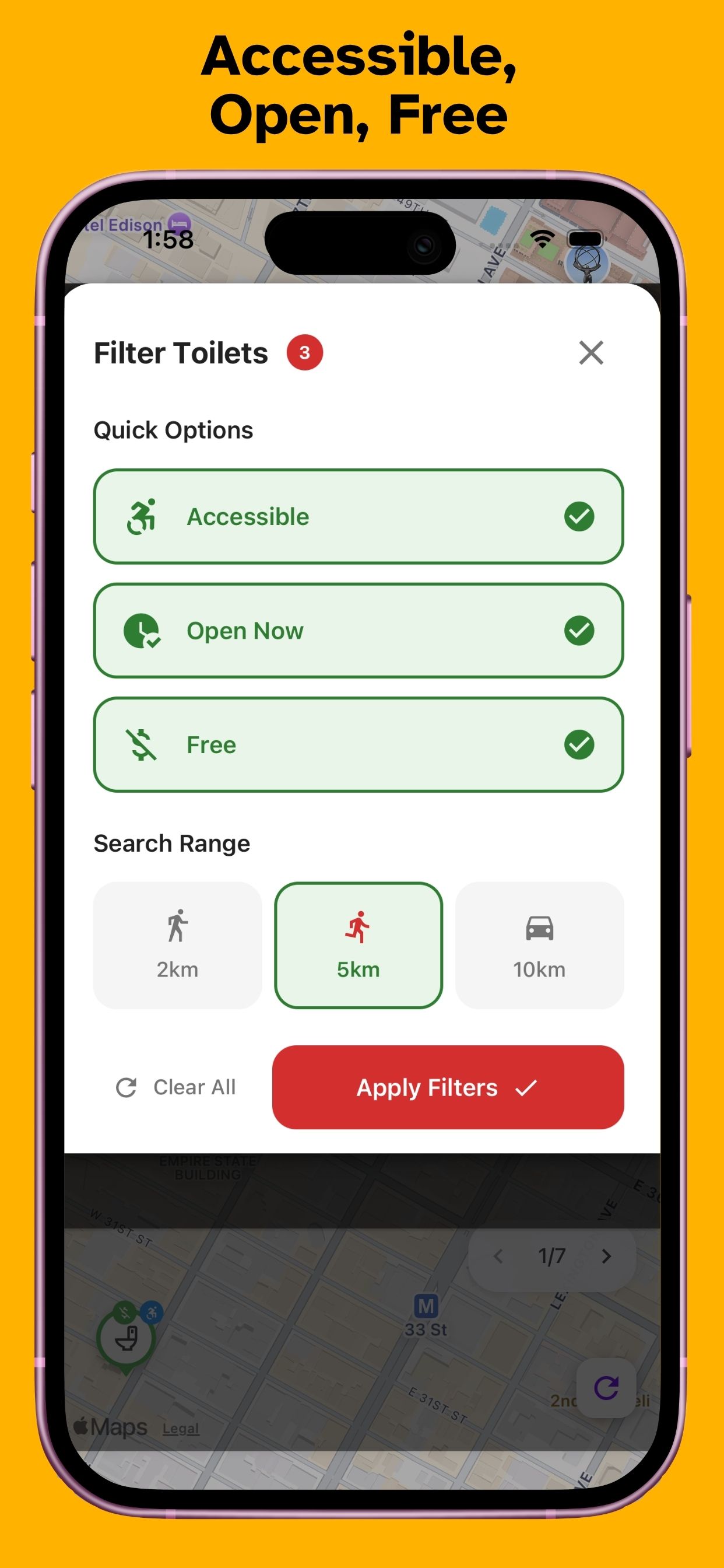 Filter sheet for accessible, open-now, and free toilets.